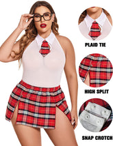 Avidlove Dessous-Set in Übergröße mit Bindegürtel, Neckholder, Druckknopfverschluss im Schritt, Teddy-Bodysuit, karierter Rock, L-4XL